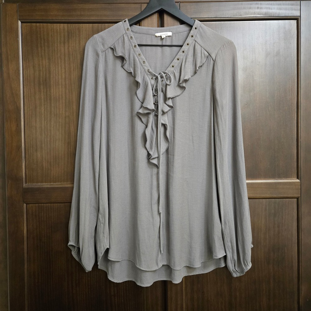 Pleione Gray Ruffle Lace Up V-Neck Blouse Long Sleeve High Low Top Large Peasant - Picture 9 of 12